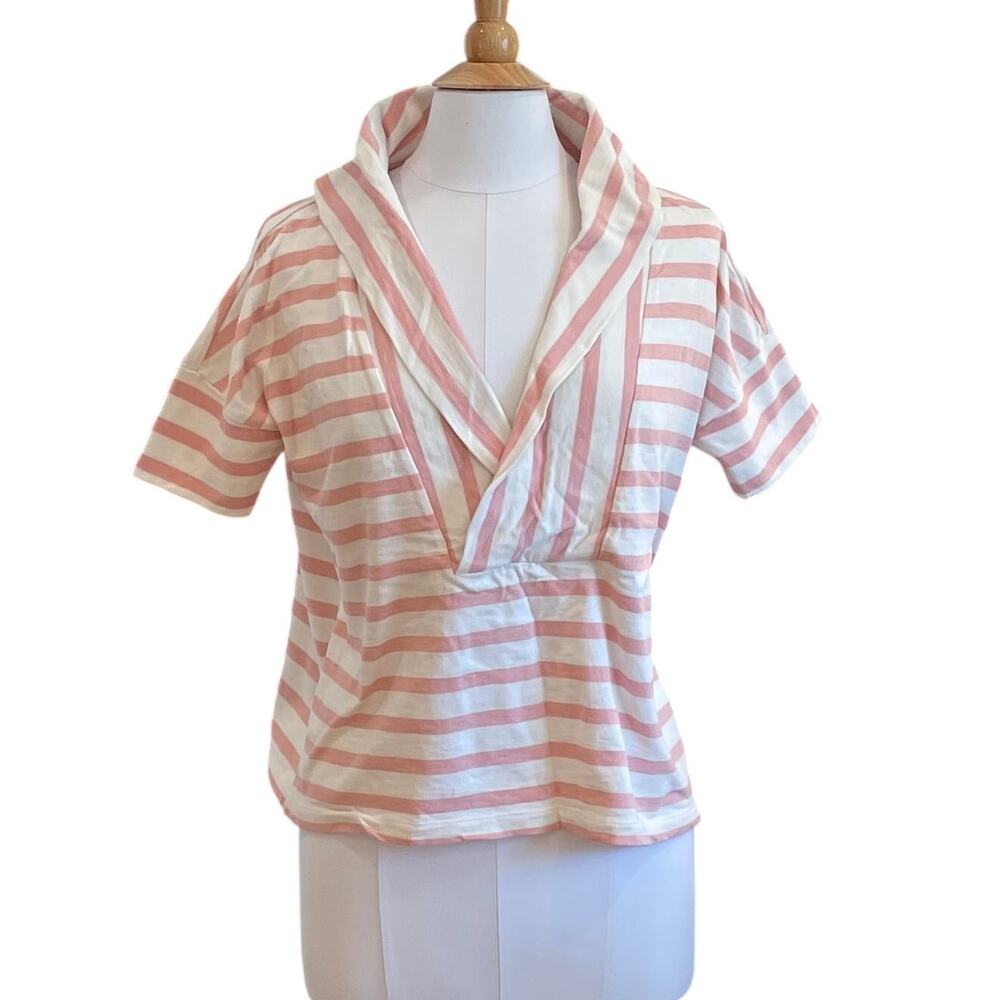 LOFT Pink Stripe Shawl Collar Short Sleeve Sweatshirt, Preppy, Casual, S